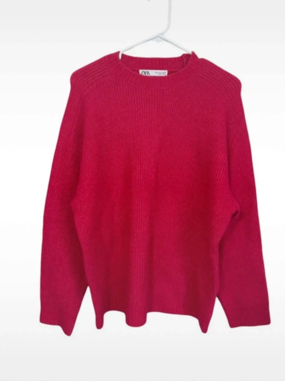Zara Women's Pink Crewneck Rib-Knit Sweater